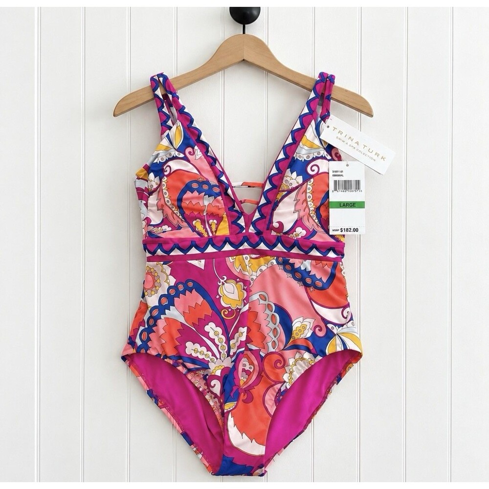 Trina Turk One Piece L 14 Multicolor Fuchsia Boho Paisley Plunge New with Tags